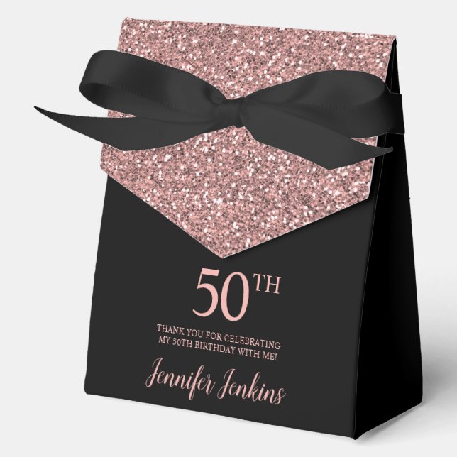 50th Birthday Black Rose Gold Glitter Thank You Favour Box (Front)