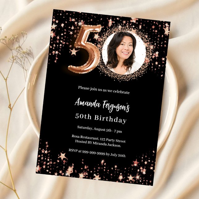 50th Birthday black rose gold photo stars Invitation (Creator Uploaded)