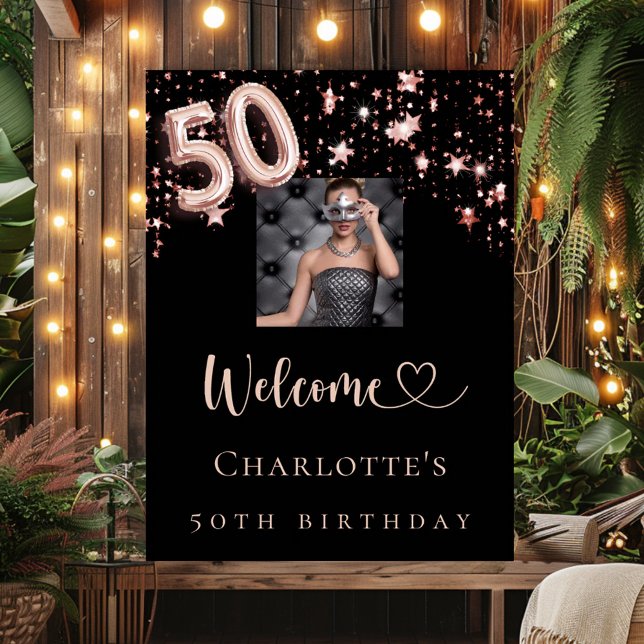 50th birthday black rose gold photo stars welcome poster (Creator Uploaded)