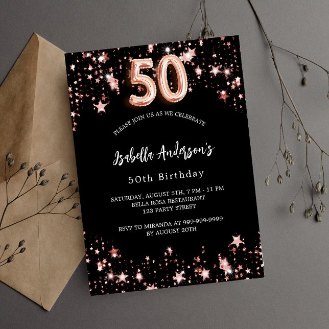 50th birthday black rose gold stars invitation postcard (Creator Uploaded)