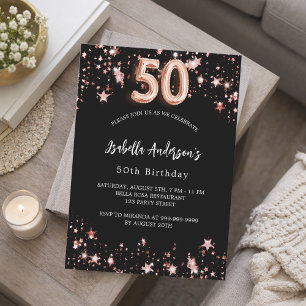 50th birthday black rose gold stars luxury invitation