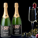 50th Birthday black rose gold stars Sparkling Wine Label<br><div class="desc">A classic black background decorated with rose gold stars. Personalise and add a date,  name and year of birth.  Age number written with a balloon style font.</div>