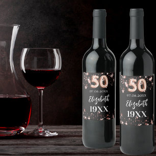 50th Birthday black rose gold stars Wine Label