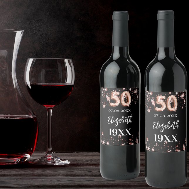 50th Birthday black rose gold stars Wine Label (Creator Uploaded)