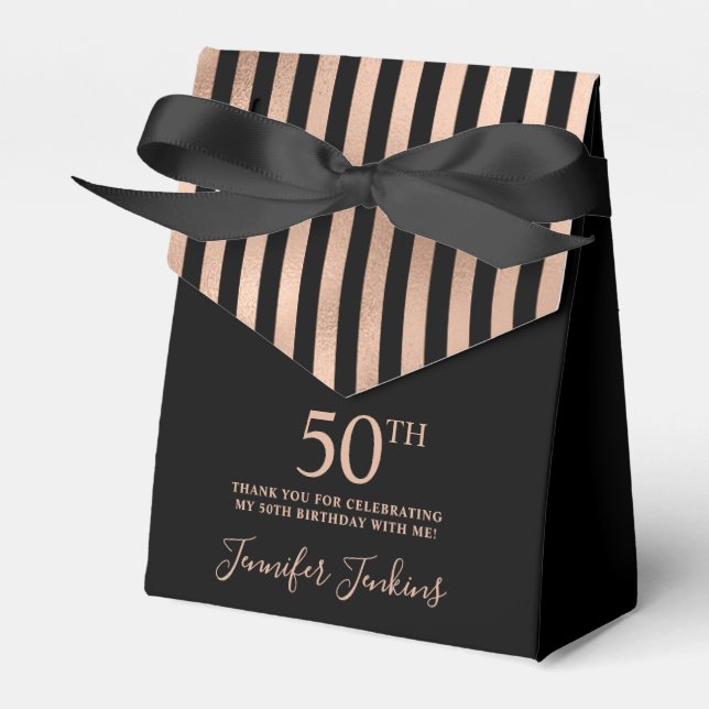 50th Birthday Black Rose Gold Striped Thank You Favour Box (Front Side)