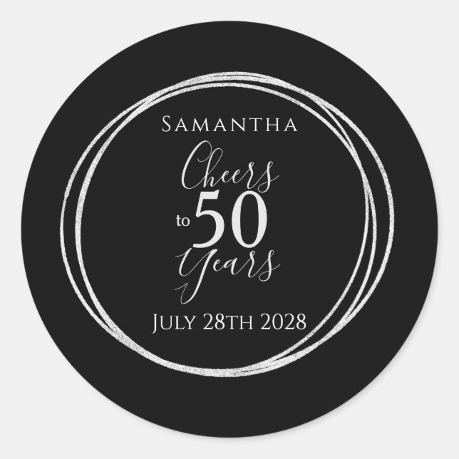50th Birthday Black Silver Cheers to 50 Years Classic Round Sticker (Front)
