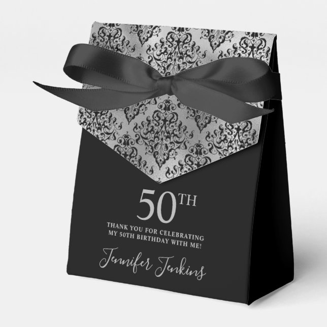 50th Birthday Black Silver Damask Thank You Favour Box (Front Side)