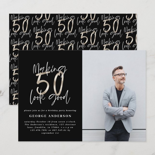 50th birthday black silver elegant modern (Front/Back)