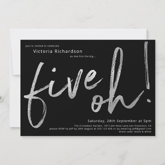 50th Birthday Black Silver Foil Five Oh Custom Invitation (Front)