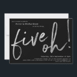 50th Birthday Black Silver Foil Five Oh Custom Invitation<br><div class="desc">50th Birthday Black Silver Foil Five Oh Custom Invitation. Humourous yet elegant milestone birthday party invitation,  with design featuring stylish brushstroke font in faux gold foil. Contact the creator if you need help customising this design by clicking on the 'Message' button bellow.</div>