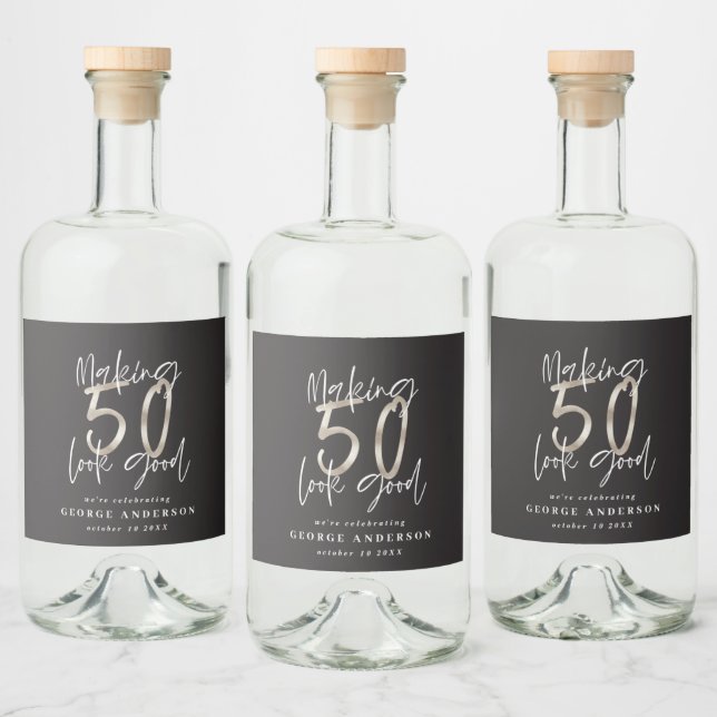 50th birthday black silver modern elegant wine lab liquor bottle label (Bottles)