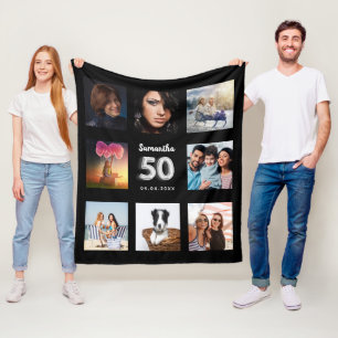 50th birthday black silver photo collage name fleece blanket