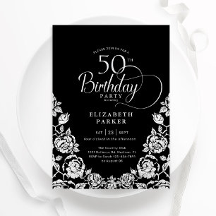 50th Birthday Black Silver Roses Invitation
