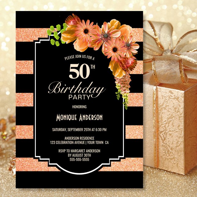 50th Birthday Black Striped Orange Floral Party Invitation (Creator Uploaded)