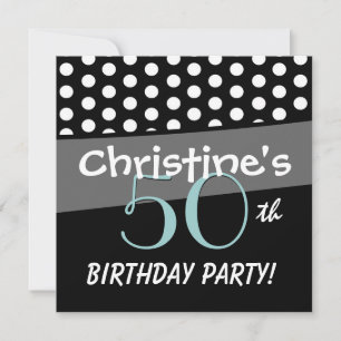 50th Birthday Black White Aqua Polka Dots Metallic Invitation
