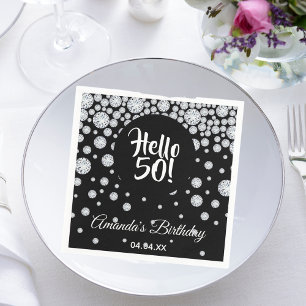 50th birthday black white diamonds glam name napkin
