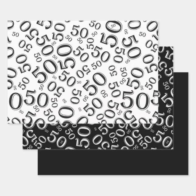 50th Birthday Black & White Number Pattern 50 Wrapping Paper Sheet (Set)