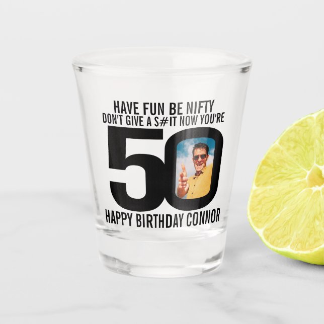50th birthday black white photo funny shot glass  (Front)