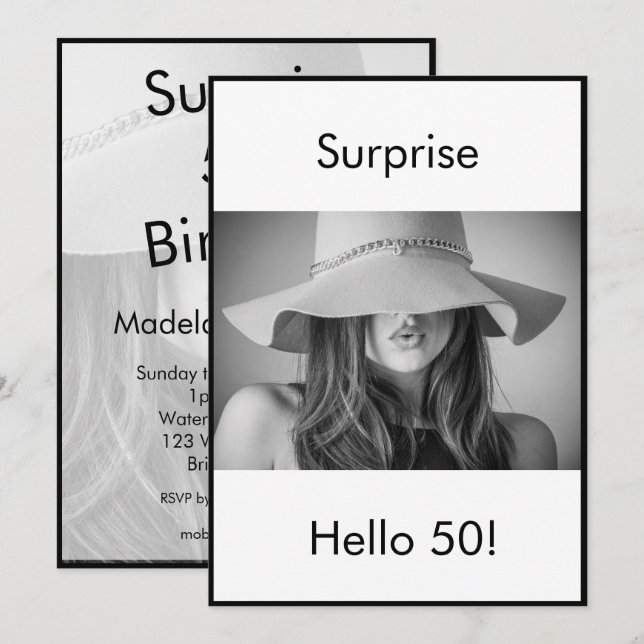 50th Birthday Black White Photo Surprise Elegant Invitation (Front/Back)