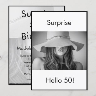 50th Birthday Black White Photo Surprise Elegant Invitation