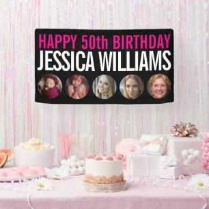 50th Birthday black white pink five photo circles Banner