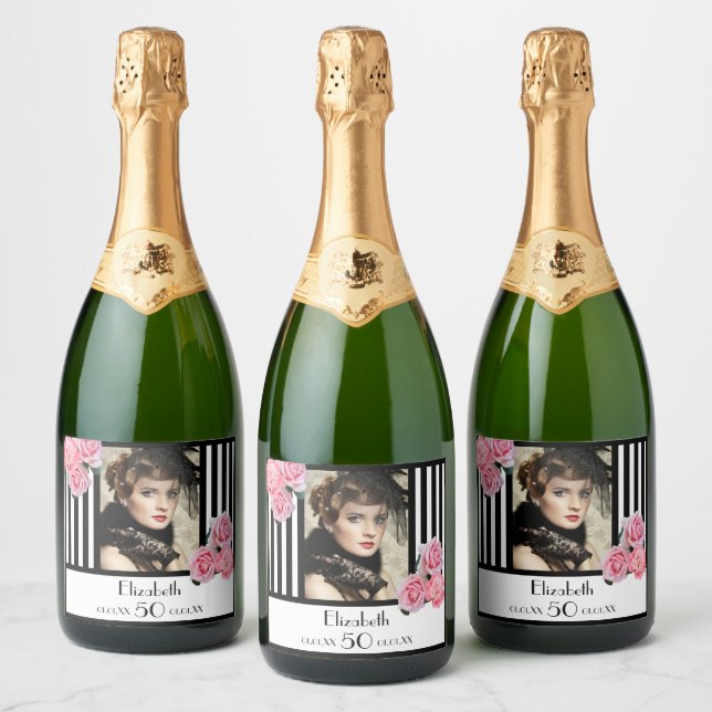 50th birthday black white stripes floral photo sparkling wine label (Bottles)