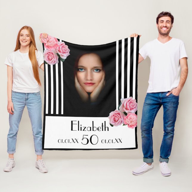 50th birthday black white stripes florals photo fleece blanket (In Situ)
