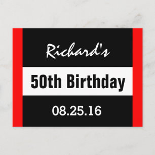50th Birthday Black with Red Frame Geometric Z503 Announcement Postcard