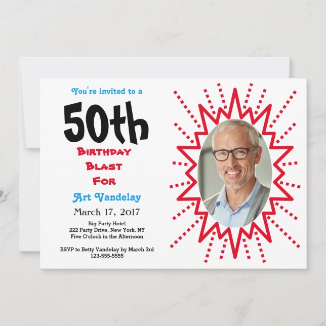 50th Birthday Blast Red and Blue Typography Invitation (Front)