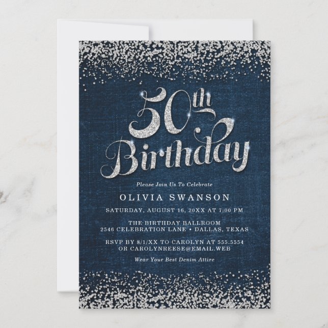 50th Birthday Bling Denim & Diamonds Party Invitation (Front)
