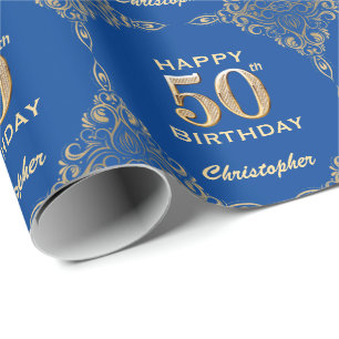 50th Birthday Blue and Gold Glitter Frame Wrapping Paper