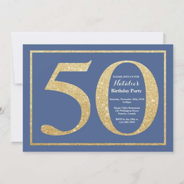 50th Birthday Blue and Gold Glitter Invitation (Front)