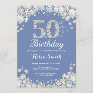 50th Birthday Blue and Silver Diamond Invitation