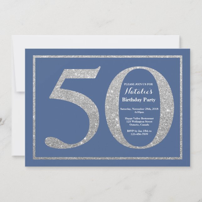 50th Birthday Blue and Silver Glitter Invitation (Front)