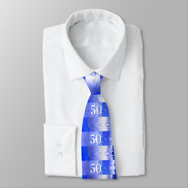 50th Birthday Blue and Silver Metallic Look Tie (Tied)