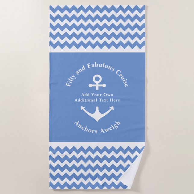50th Birthday Blue and White Anchor Nautical Beach Towel (Front)