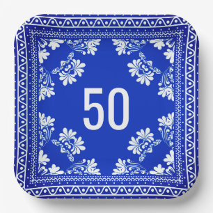 50th Birthday Blue Bandanna  Paper Plate