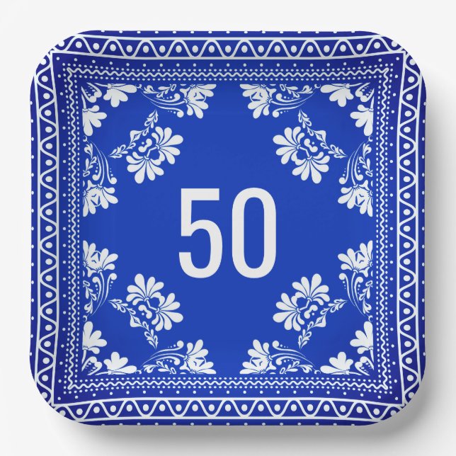 50th Birthday Blue Bandanna  Paper Plate (Front)