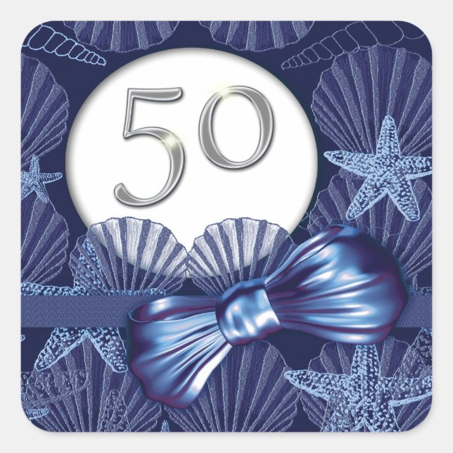 50th birthday blue beach party square sticker (Front)