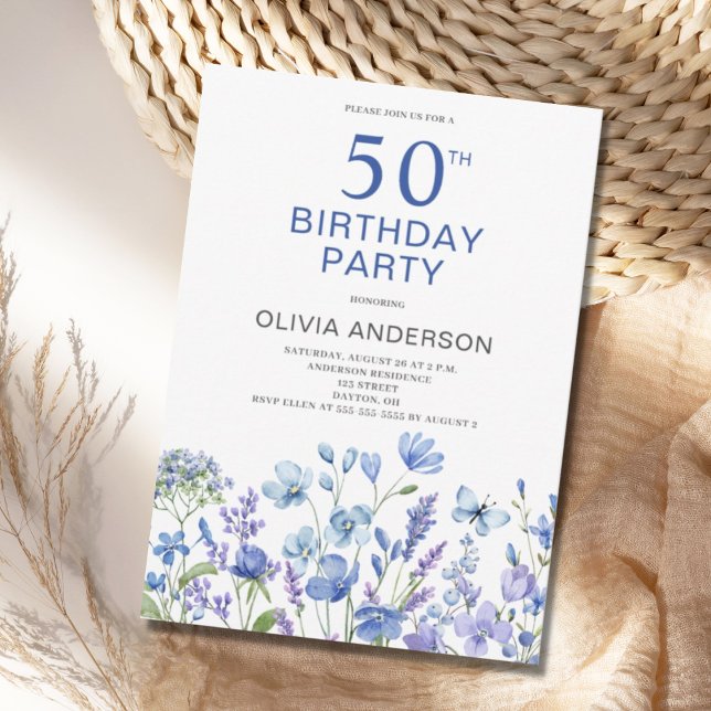 50th Birthday Blue Floral Botanical  Invitation (Creator Uploaded)