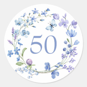 50th Birthday Blue Floral Classic Round Sticker