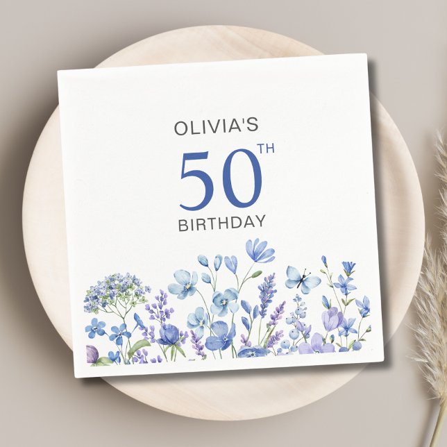 50th Birthday Blue Floral  Napkin (Creator Uploaded)