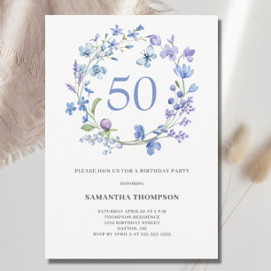 50th Birthday Blue Floral Watercolor Invitation