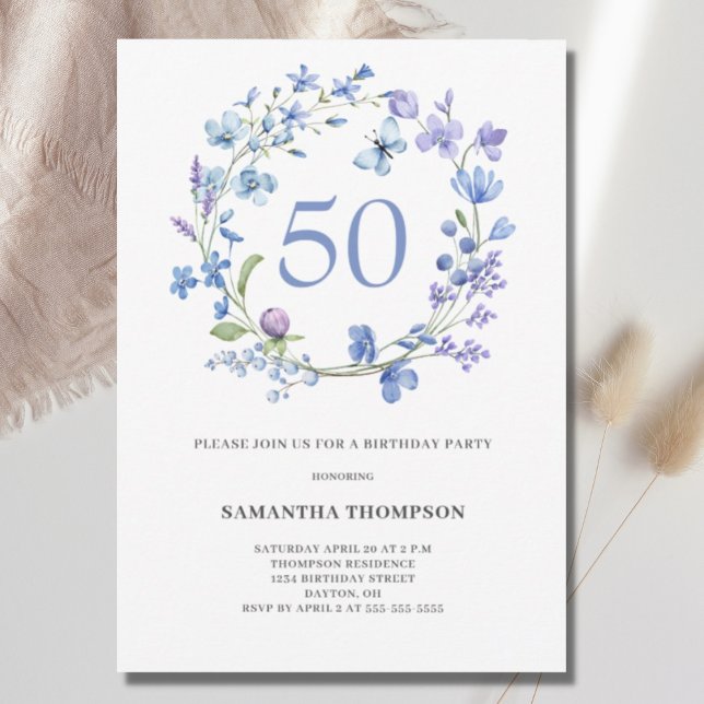 50th Birthday Blue Floral Watercolor Invitation (Creator Uploaded)