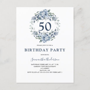 50th Birthday Blue Floral Watercolor Invitation Postcard