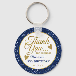 50th Birthday Blue Glitter And Gold Thank You   Key Ring