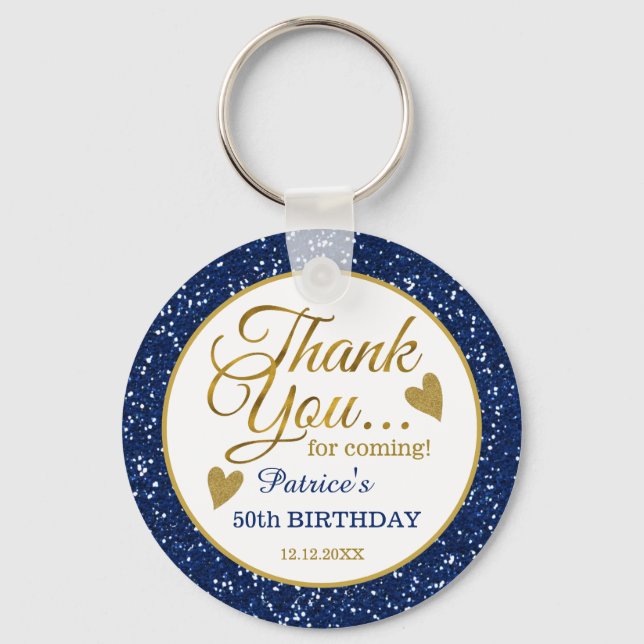 50th Birthday Blue Glitter And Gold Thank You   Key Ring (Front)