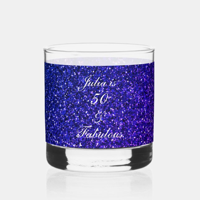 50th Birthday Blue Glitter Gift Modern Party Favou Whiskey Glass (Front)