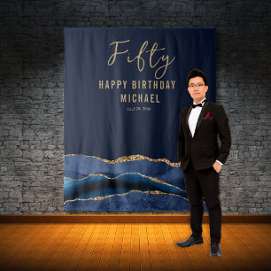 50th Birthday Blue Gold Agate Photo Backdrop Tapestry