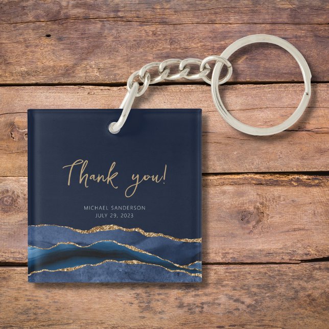 50th Birthday Blue Gold Agate Thank You Key Ring (Creator Uploaded)